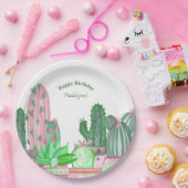 カワイトピンク&グリーンウォーターカラーサボテン誕生日パパニコロコ ペーパープレート (パーティー)