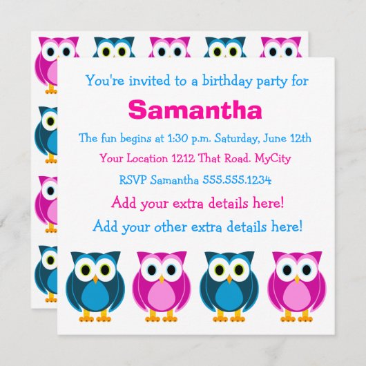 カワイトピンク&ブルーフクロウ誕生日招待状 招待状 (正面/裏面)