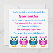 カワイトピンク&ブルーフクロウ誕生日招待状 招待状 (正面)