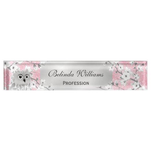 カワイトフクロウさくらんぼブラッズピンクグリッターシルバー デスクネームプレート (正面)