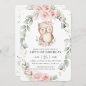カワイトフクロウピお洒落ンクフローラグリーン誕生日  招待状 (正面/裏面)