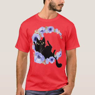 カワイトブラックキャットブルーフラワークレセントムーンルナセレ Tシャツ