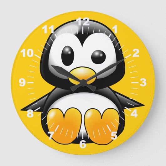 カワイトペンギンオンイエローウォールクロック ラージ壁時計 (正面)