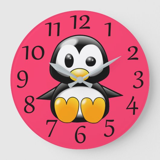 カワイトペンギンオンピンクウォールクロック ラージ壁時計 (正面)