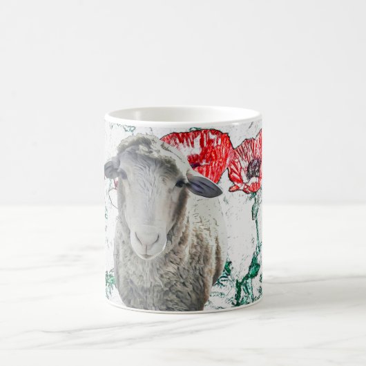 カワイトメリノヒツジ動物赤いケシの花 コーヒーマグカップ (中央)