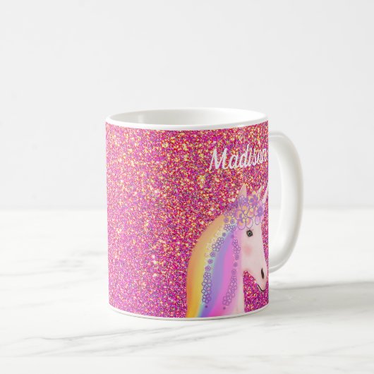 カワイトユニコーンピンクグリッターキパーソナライズされたッズ コーヒーマグカップ (正面右)