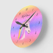 カワイトユニコーンレインボーグリッターガパーソナライズされたールズ ラウンド壁時計 (傾斜)