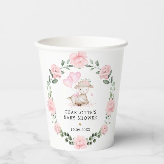カワイトラムピンクフローラリース&バルーンズベビーガール 紙コップ (正面)