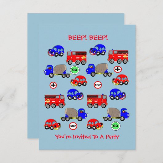 カワイトリトルボーイズカーテーマベイビーシャワー誕生日 招待状 (正面/裏面)