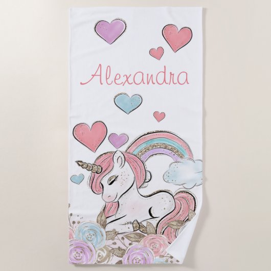 カワイトレインボーグリッターユニコーンウィズ名前をカスタムする ビーチタオル (正面)