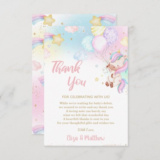 カワイトレインボーユニコーンガールベビーシャワー誕生日 サンキューカード (正面/裏面)