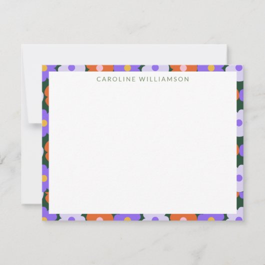 カワイトレトロフラワーパープルグリーンネパーソナライズされたーム ノートカード (正面)