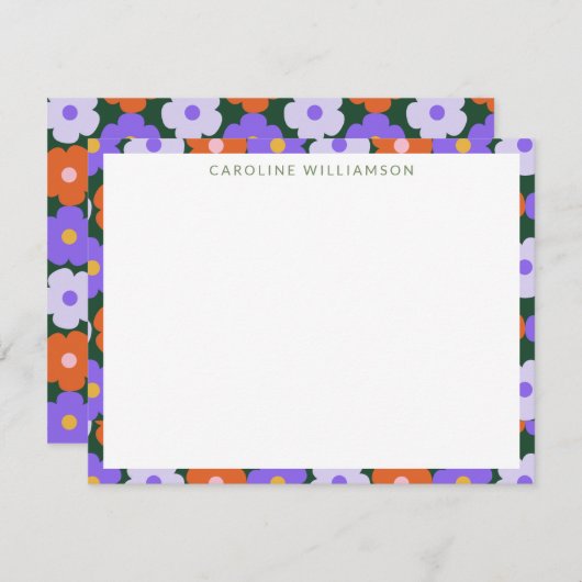 カワイトレトロフラワーパープルグリーンネパーソナライズされたーム ノートカード (正面/裏面)