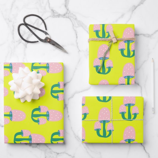 カワイトヴィンテージコタゲコアキノコイエローアンドピンク ラッピングペーパーシート (正面)