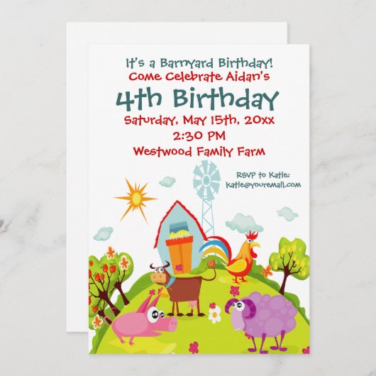 カワイト納屋周囲の庭ファームアニマルズ誕生日招待状 招待状 (正面/裏面)