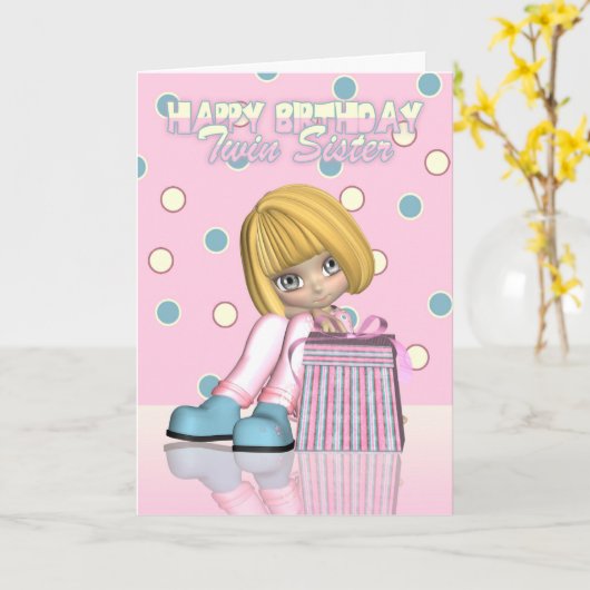 カワイト誕生日付きツインシスター小さな女の子An カード (黄色い花)