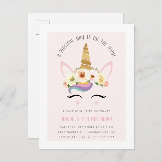 カワイト赤面魔法ユニコーン誕生パーティー インビテーションポストカード (正面/裏面)