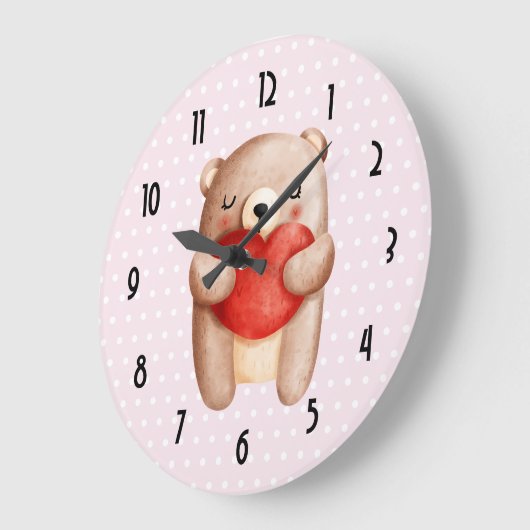 カワイト・テデ運ィ・ベアの水玉模様赤いハート ラージ壁時計 (傾斜)