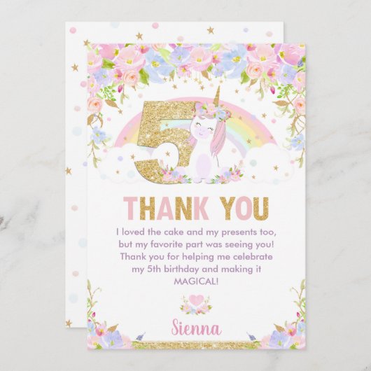 カワイト・ユニコーン5th誕生日レインボーフローラありがとう サンキューカード (正面/裏面)
