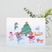 カワイドッグスアイススケートで滑るソフトブルーフラットホリデーカード シーズンカード (スタンド正面)