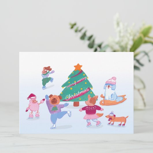 カワイドッグスアイススケートで滑るソフトブルーフラットホリデーカード シーズンカード (スタンド正面)