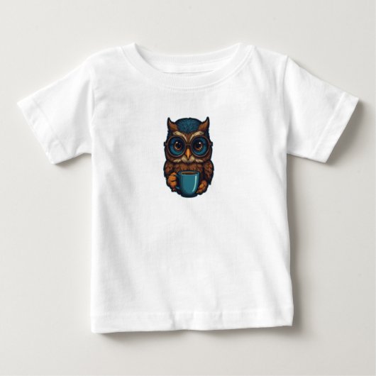 「カワイフクロウwithコーヒーカップ」おもしろいデザイン ベビーTシャツ (正面)