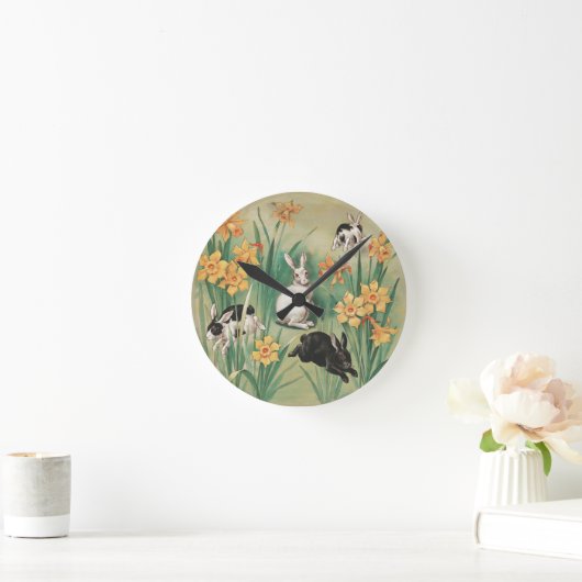 カワイブニーと水仙の花アンティークイースター ラウンド壁時計 (ホーム)