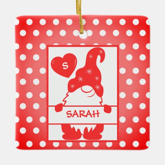 カワイホリデー格言水玉模様レッドホワイトネーム年 セラミックオーナメント (正面)