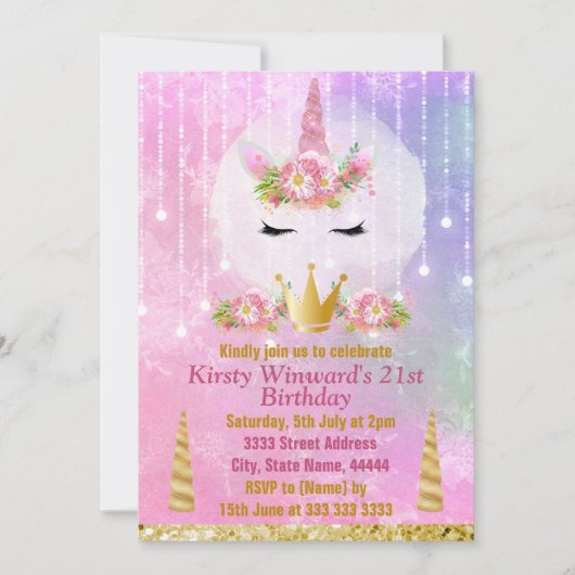 カワイユニコーン顔ピンクフラワーズバースデーパーティー 招待状 (正面)