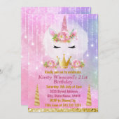 カワイユニコーン顔ピンクフラワーズバースデーパーティー 招待状 (正面/裏面)