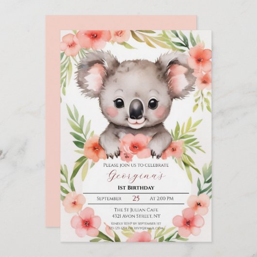 カワイリトルフローラコアラガール誕生日 招待状 (正面/裏面)
