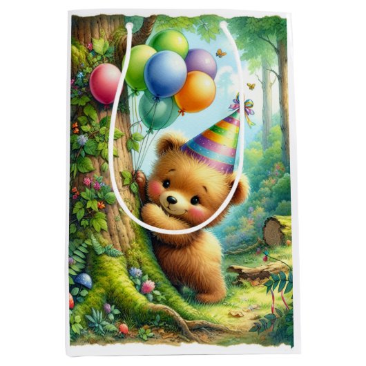 カワイートカートゥーンベビーベアーカブ誕生日 ミディアムペーパーバッグ (正面)