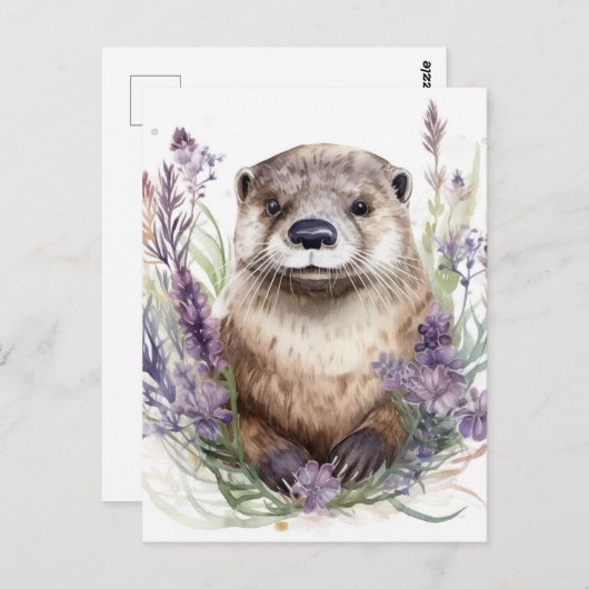 カワウソと紫色の花水彩 ポストカード (正面/裏面)