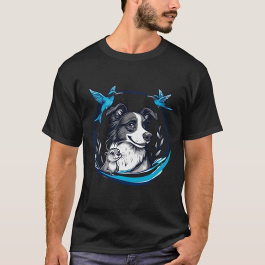 カワウソと青い鳥とボーダーコリー Tシャツ (正面)