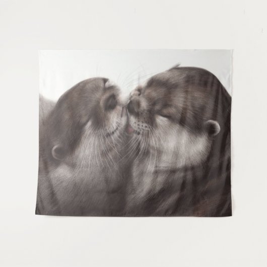 カワウソのキス アート - 手描きの野生動物インテリア装飾 タペストリー (正面(横))