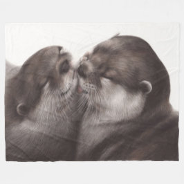 カワウソのキス アート - 手描きの野生動物デザイン フリースブランケット