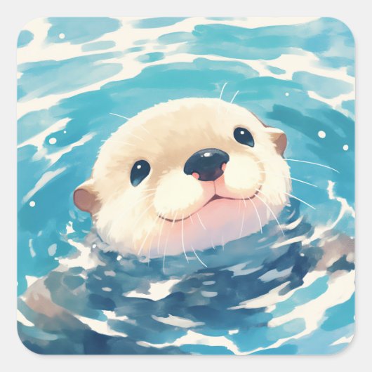 カワウソの水遊び スクエアシール (正面)
