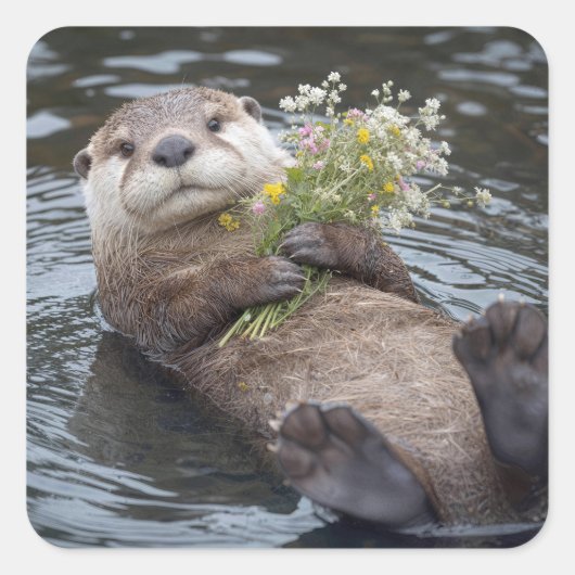 カワウソの野花ブーケ浮き輪 スクエアシール (正面)
