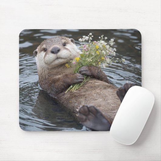 カワウソの野花ブーケ浮き輪 マウスパッド (マウス)
