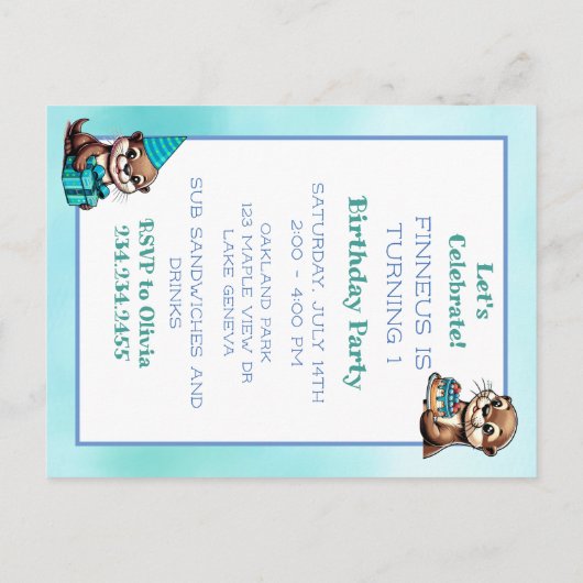 カワウソをテーマにした男の子の誕生日パーティー ポストカード (裏面)