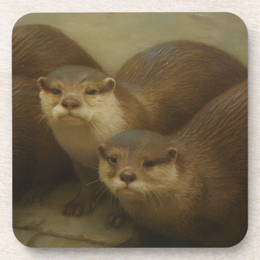 カワウソカルテット 遊び心あふれる野生動物のアートプリント コースター (正面)