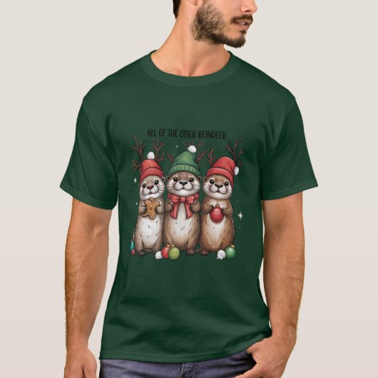 カワウソ+トナカイ+クリスマス+動物+冬 Tシャツ (正面)