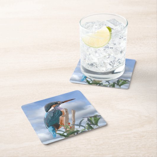 カワセミとウィロー スクエアペーパーコースター (インサイチュ)