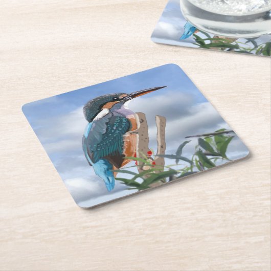 カワセミとウィロー スクエアペーパーコースター (アングル)