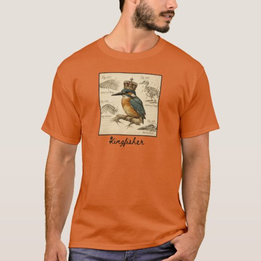 カワセミのビンテージ解剖学イラスト - 王冠付き Tシャツ (正面)