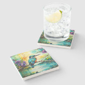 カワセミは水の上に身を寄せた野草 ストーンコースター (横)