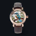 カワセミステンドグラス青鳥 腕時計<br><div class="desc">"kingfisher bird clock"、"king fisher bird"、"leafy tree branch wall clock"、"ステンドグラススタイルアート"、"ステンドグラスウッドランド葉自然"、"美しい池水動物"、"perched lake stream river birds"、"ターコイズティール（緑がかった色）ブルーとオレンジ</div>