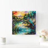 カワセミ山、水と野花 スクエア壁時計 (ホーム)