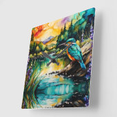 カワセミ山、水と野花 スクエア壁時計 (傾斜)