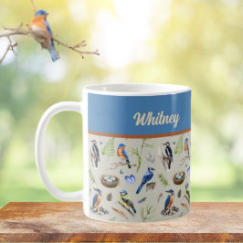 カワセミ、ルリカケス、キツツキの鳥パターン名入り コーヒーマグカップ